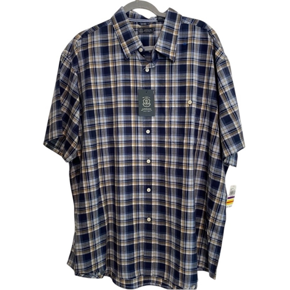 NWT Arrow Mountain Wash Mood Indigo Plaid Short Sleeve Button Down Shirt Sz XXL